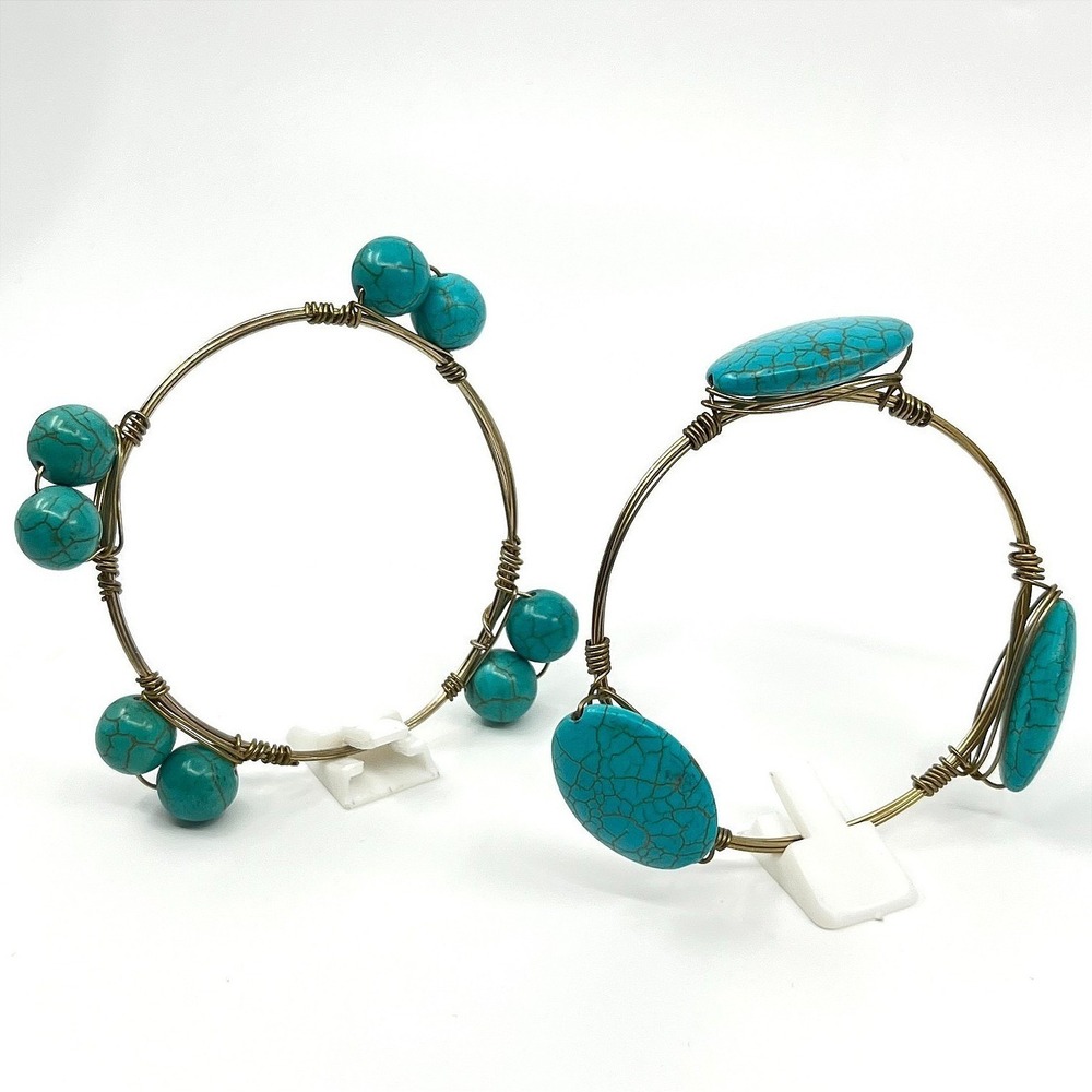 Vintage Boho Turquoise Faux Stone Wire Wrapped Bangle Set (2) Blue Gold Y2K‎